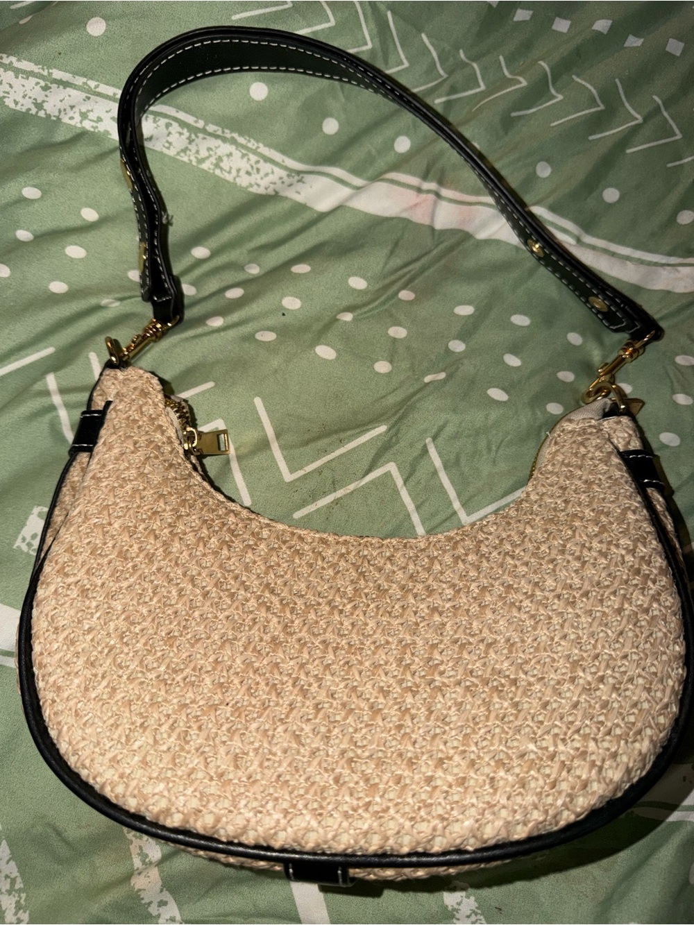 Woven Crescent Shoulder Bag in Beige with Black Trim